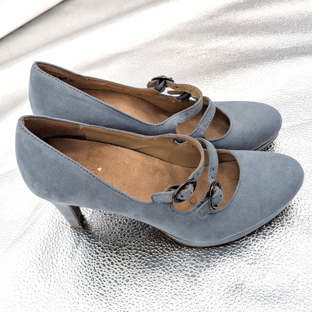 Naturalizer Blue Suede Mary Jane Pumps 7.5 Triple Strap Platform Heels Retro